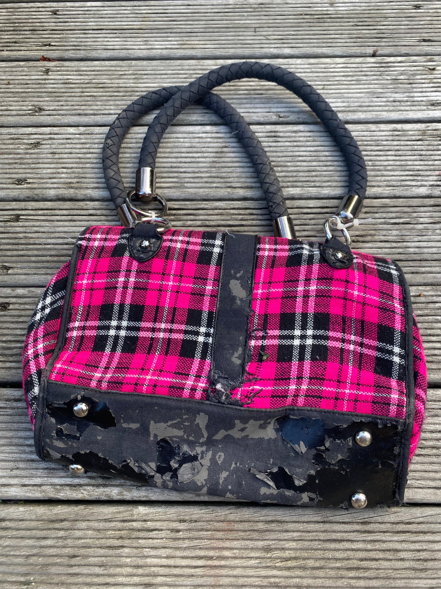 Coolest Pink plaid shoulder bag with black accents