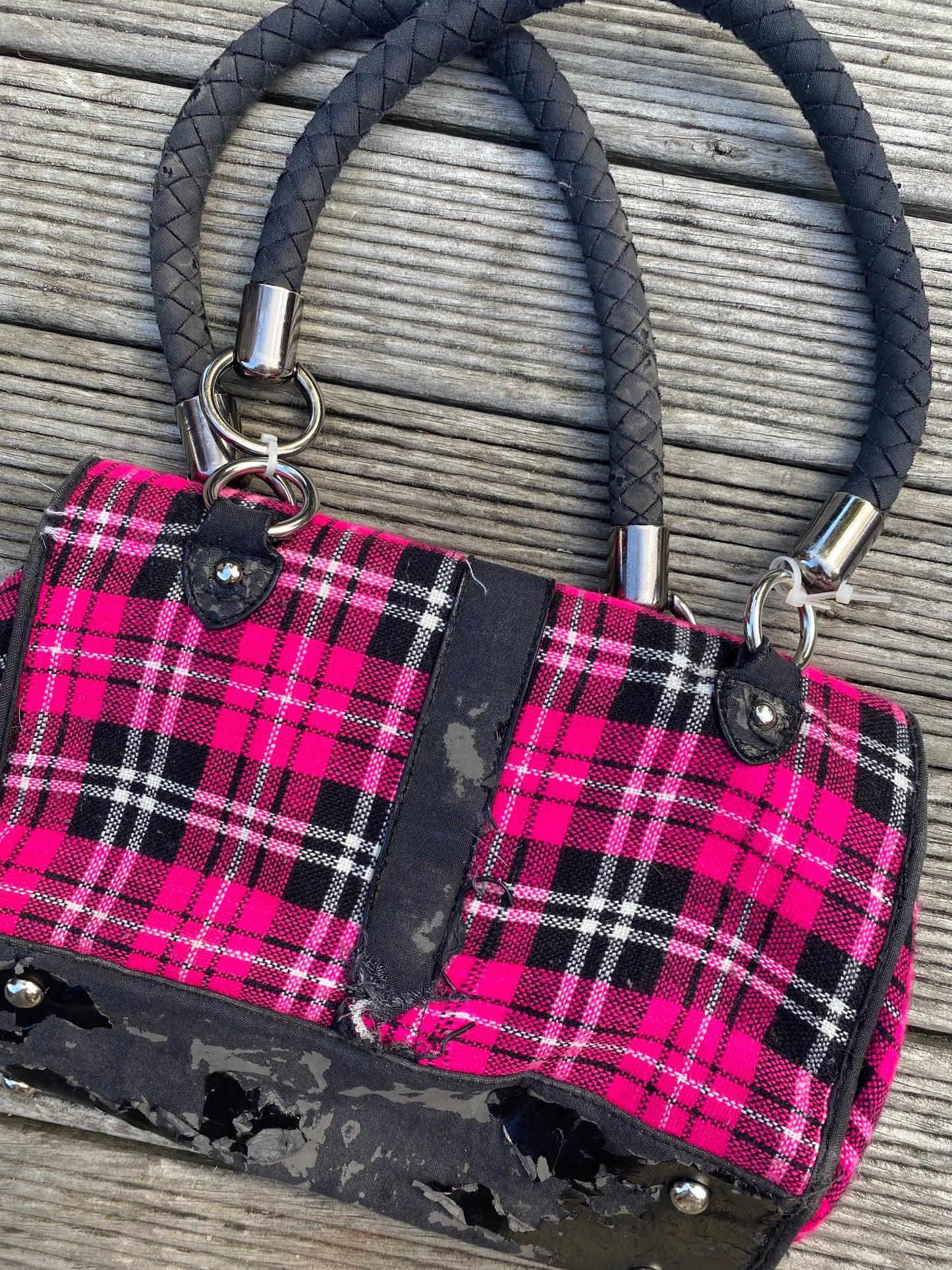 Coolest Pink plaid shoulder bag with black accents