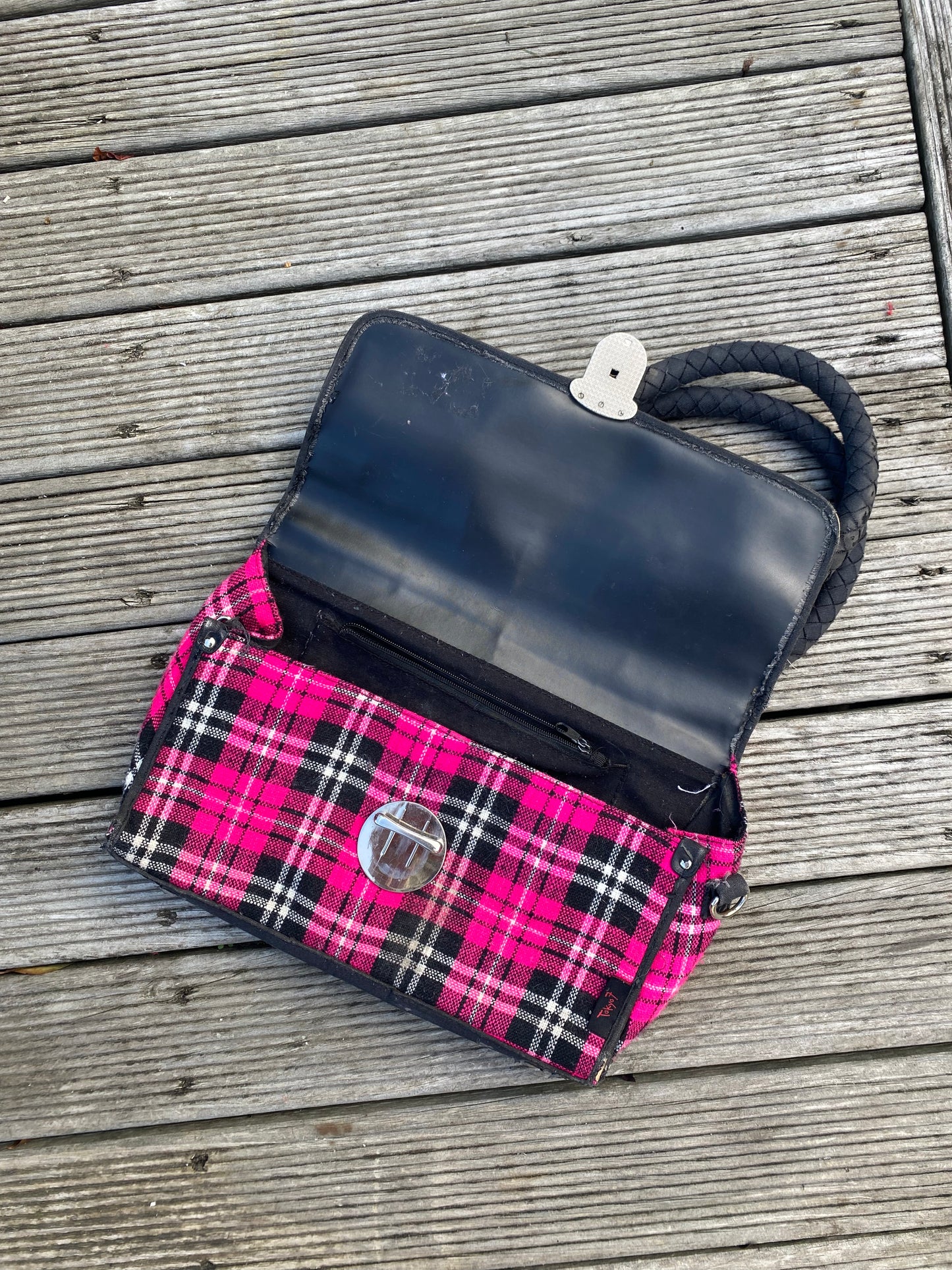 Coolest Pink plaid shoulder bag with black accents