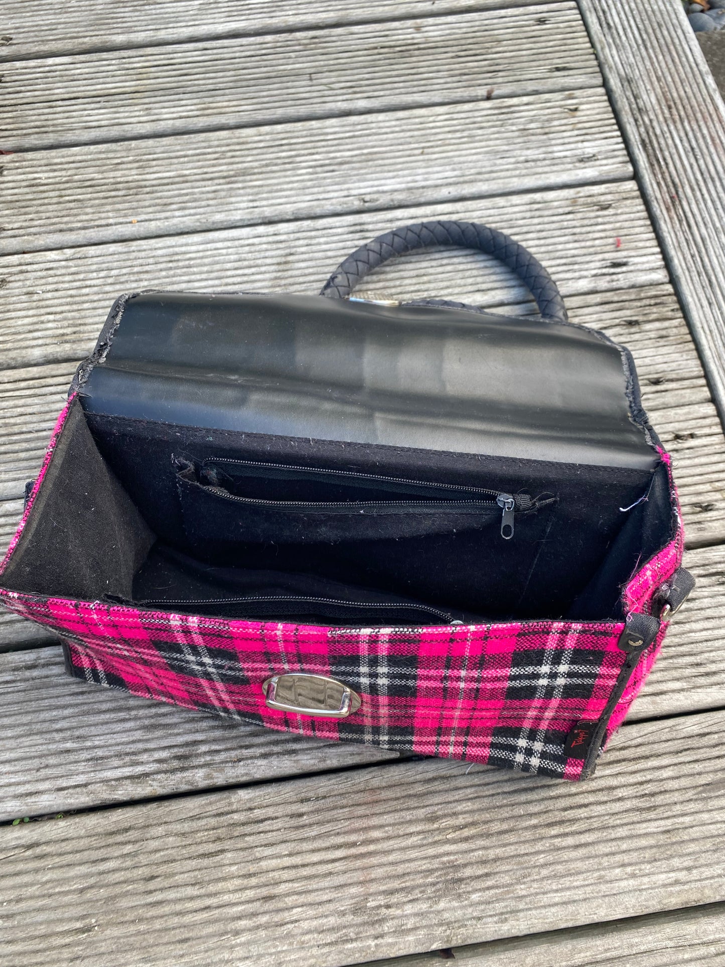 Coolest Pink plaid shoulder bag with black accents
