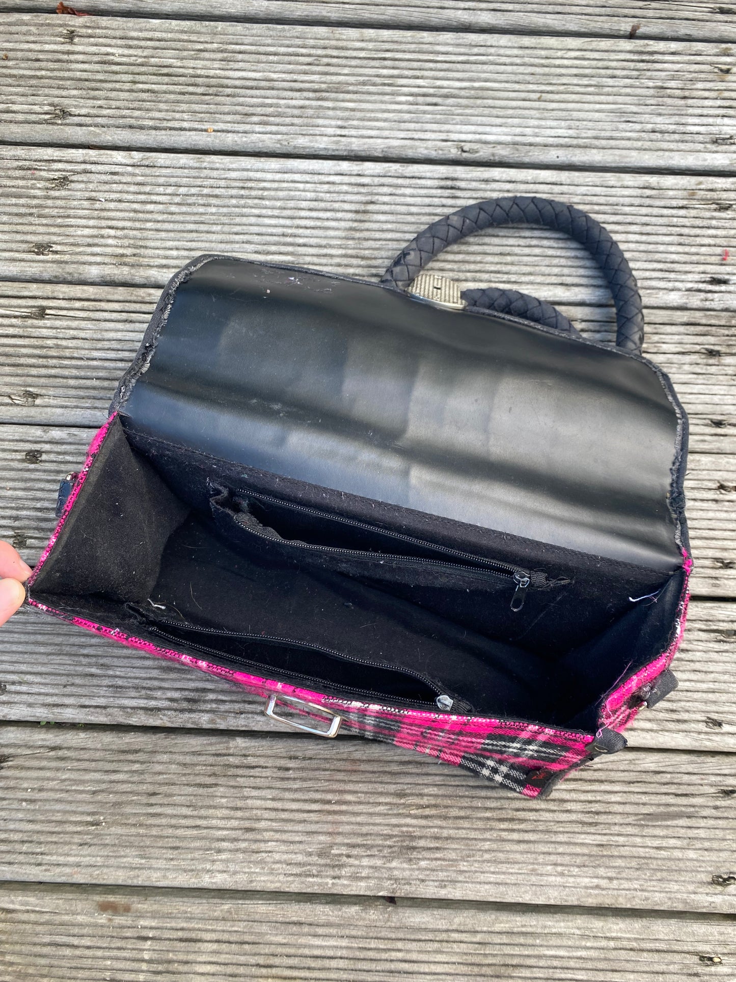 Coolest Pink plaid shoulder bag with black accents