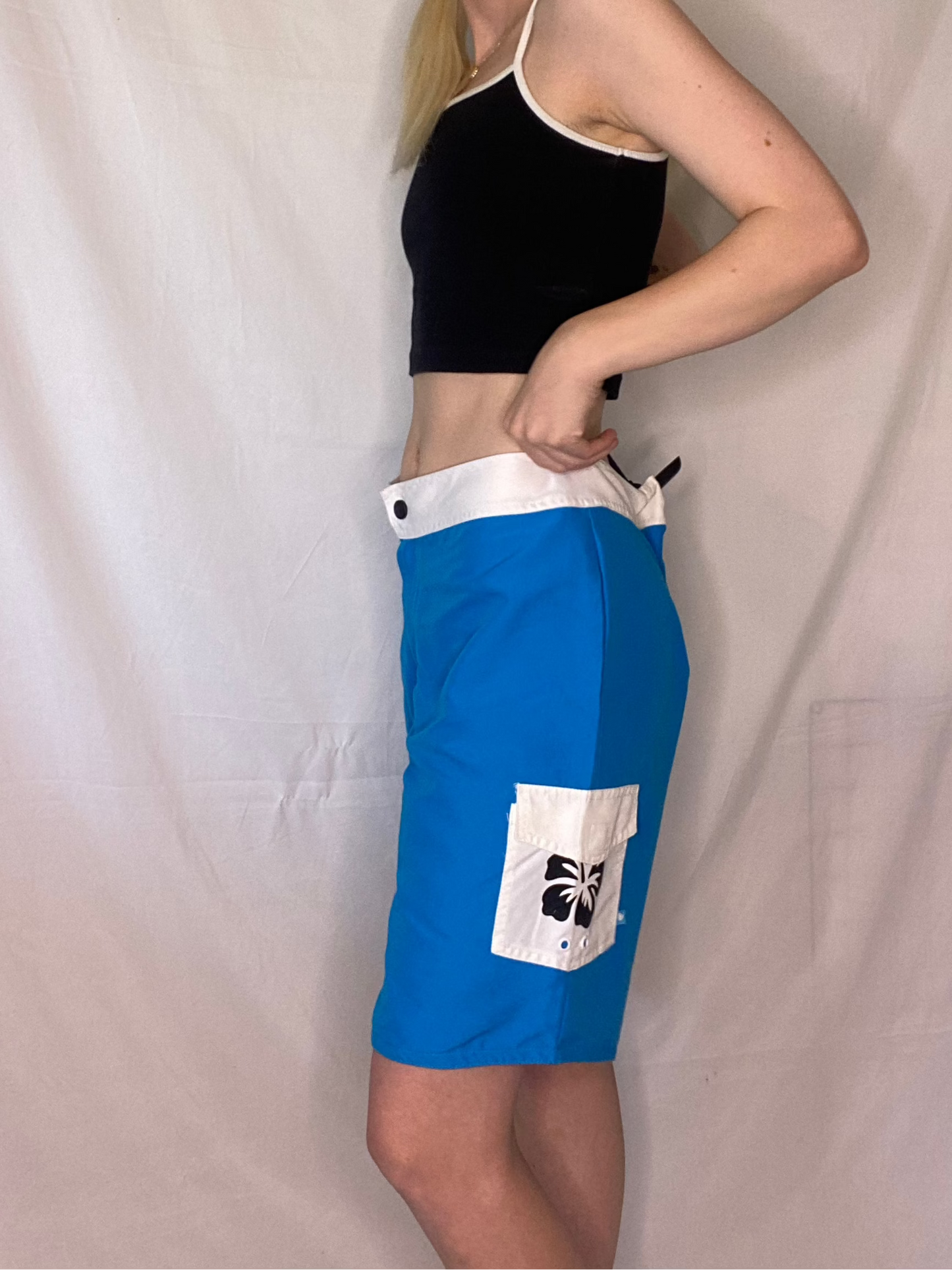 Vintage blue and white surfer board shorts