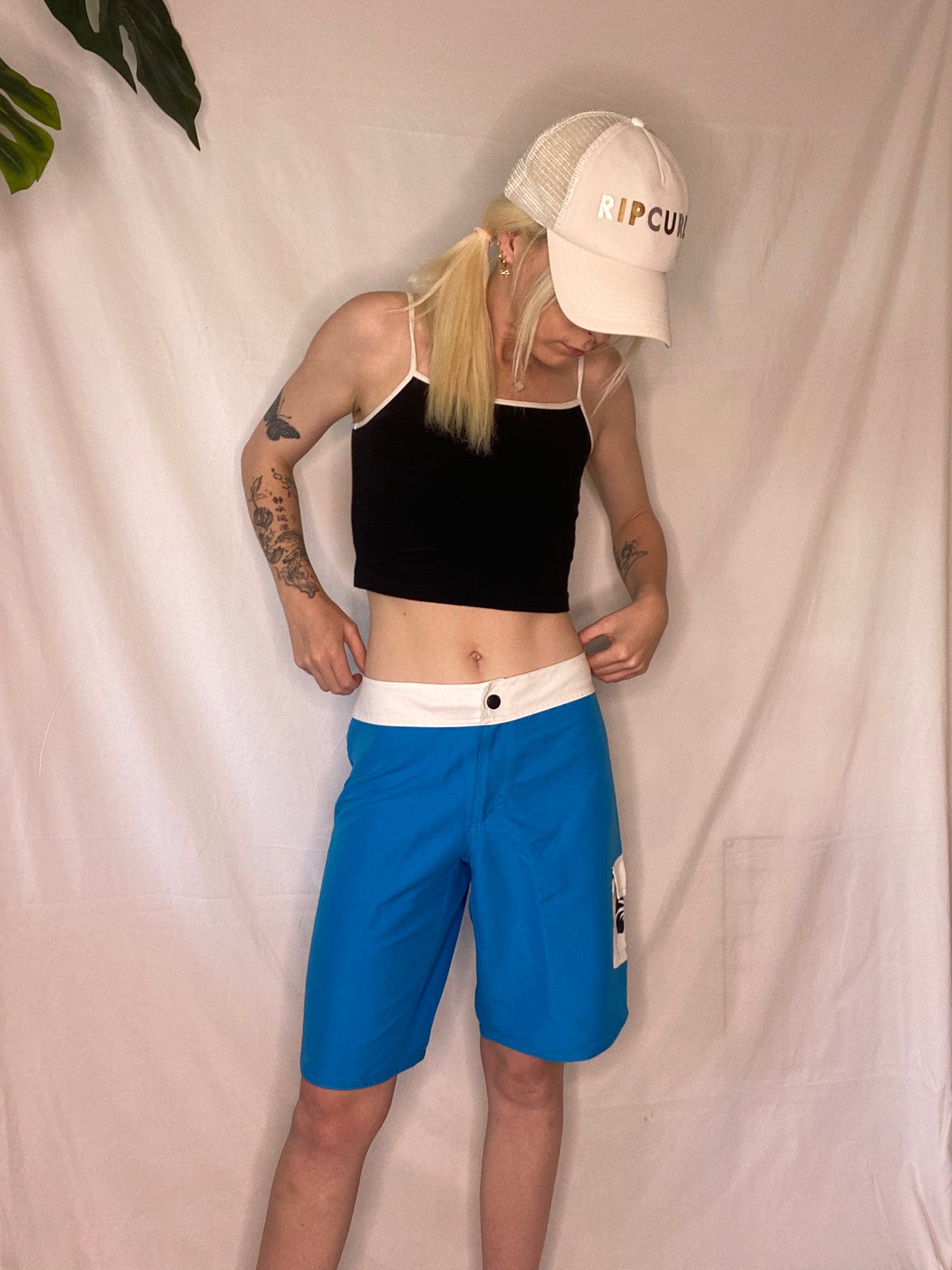 Vintage blue and white surfer board shorts
