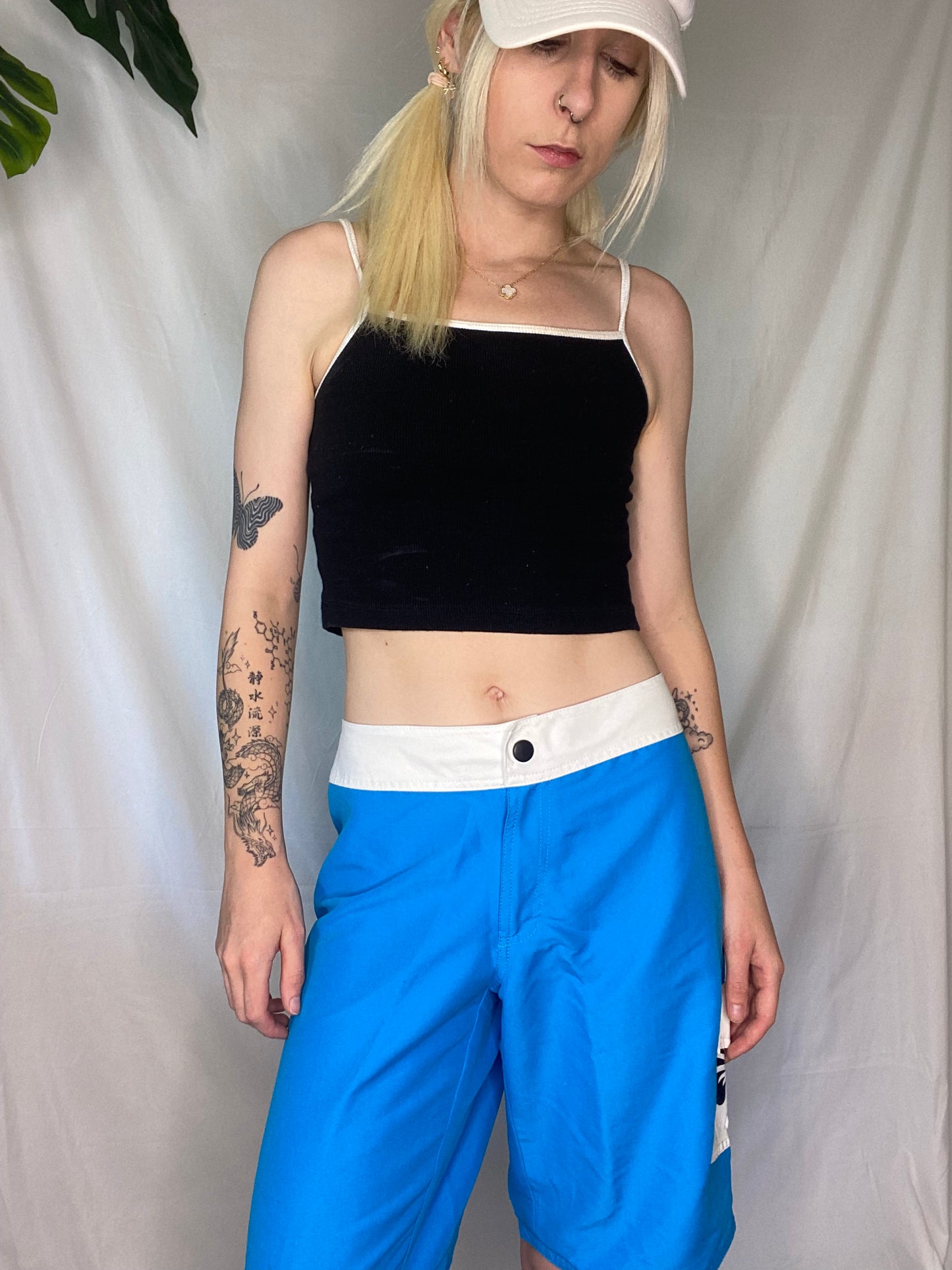 Vintage blue and white surfer board shorts