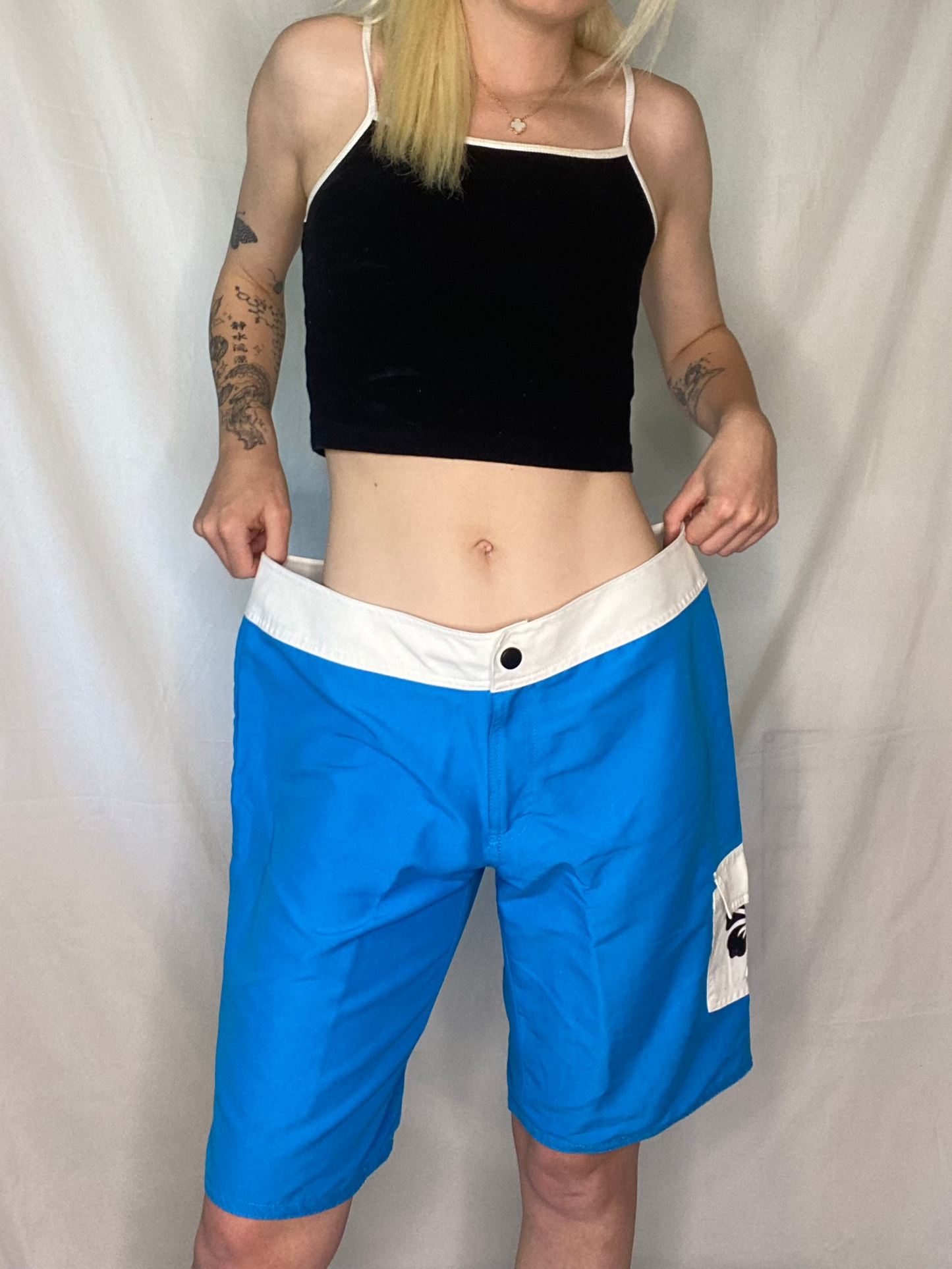 Vintage blue and white surfer board shorts