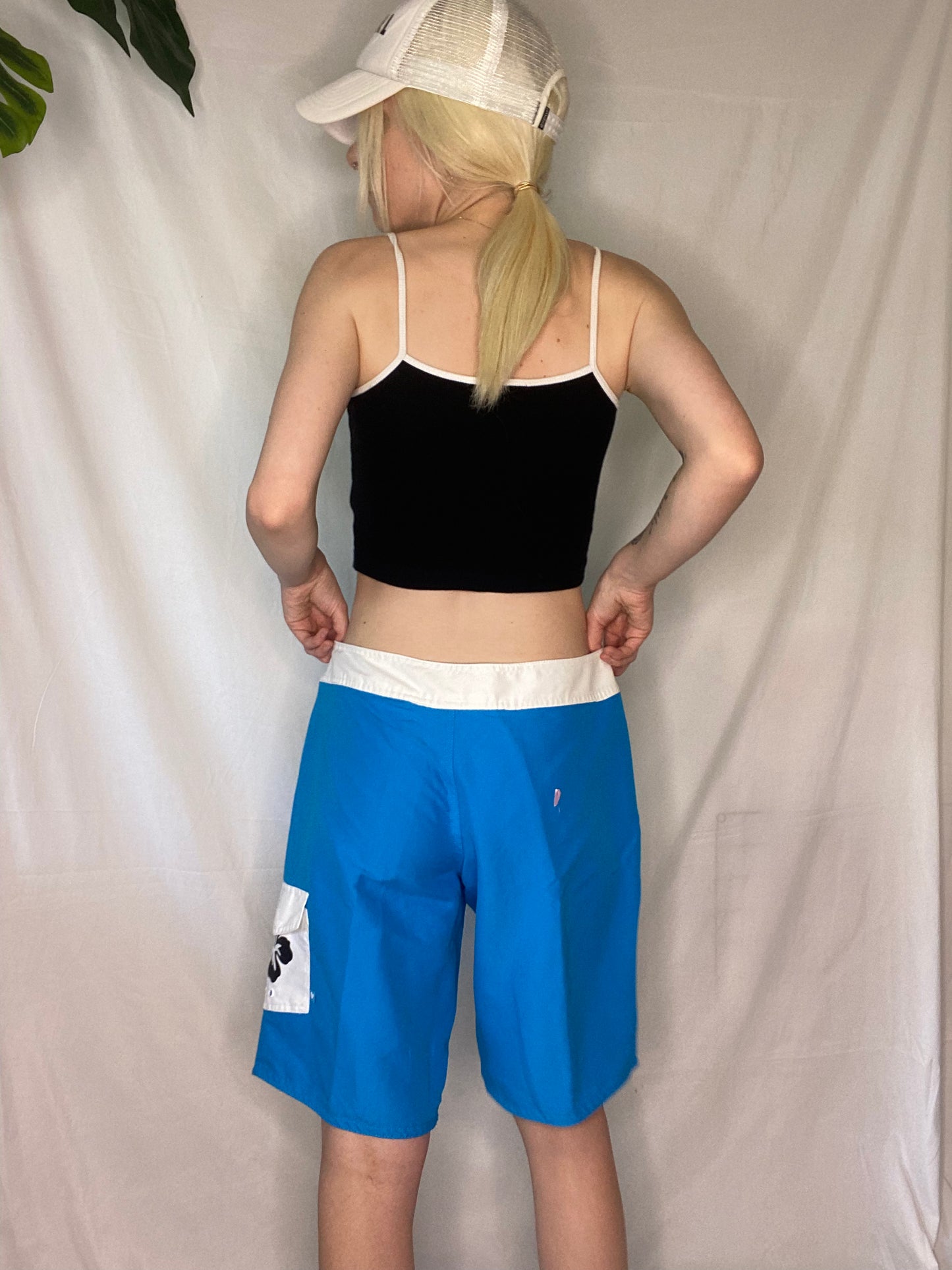 Vintage blue and white surfer board shorts