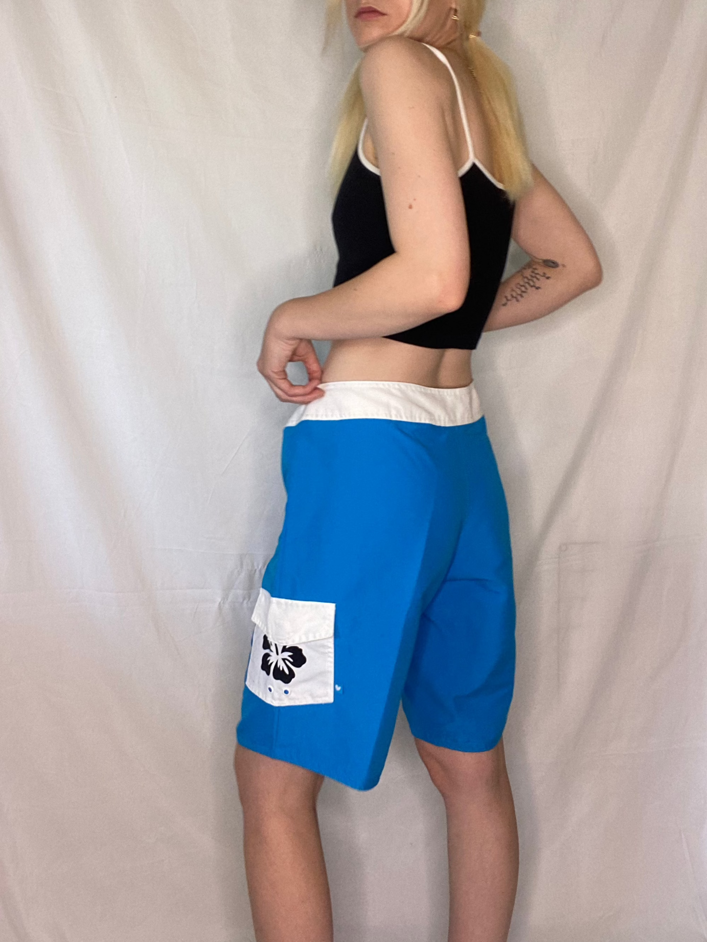 Vintage blue and white surfer board shorts
