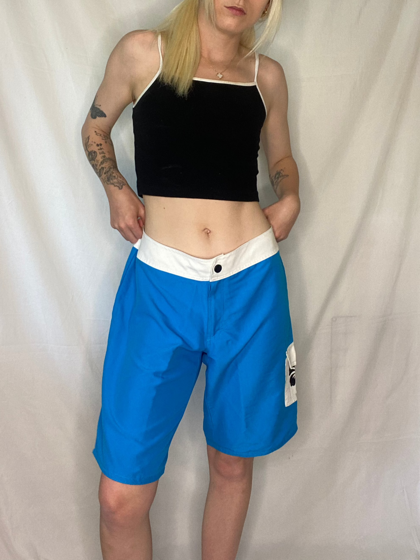 Vintage blue and white surfer board shorts