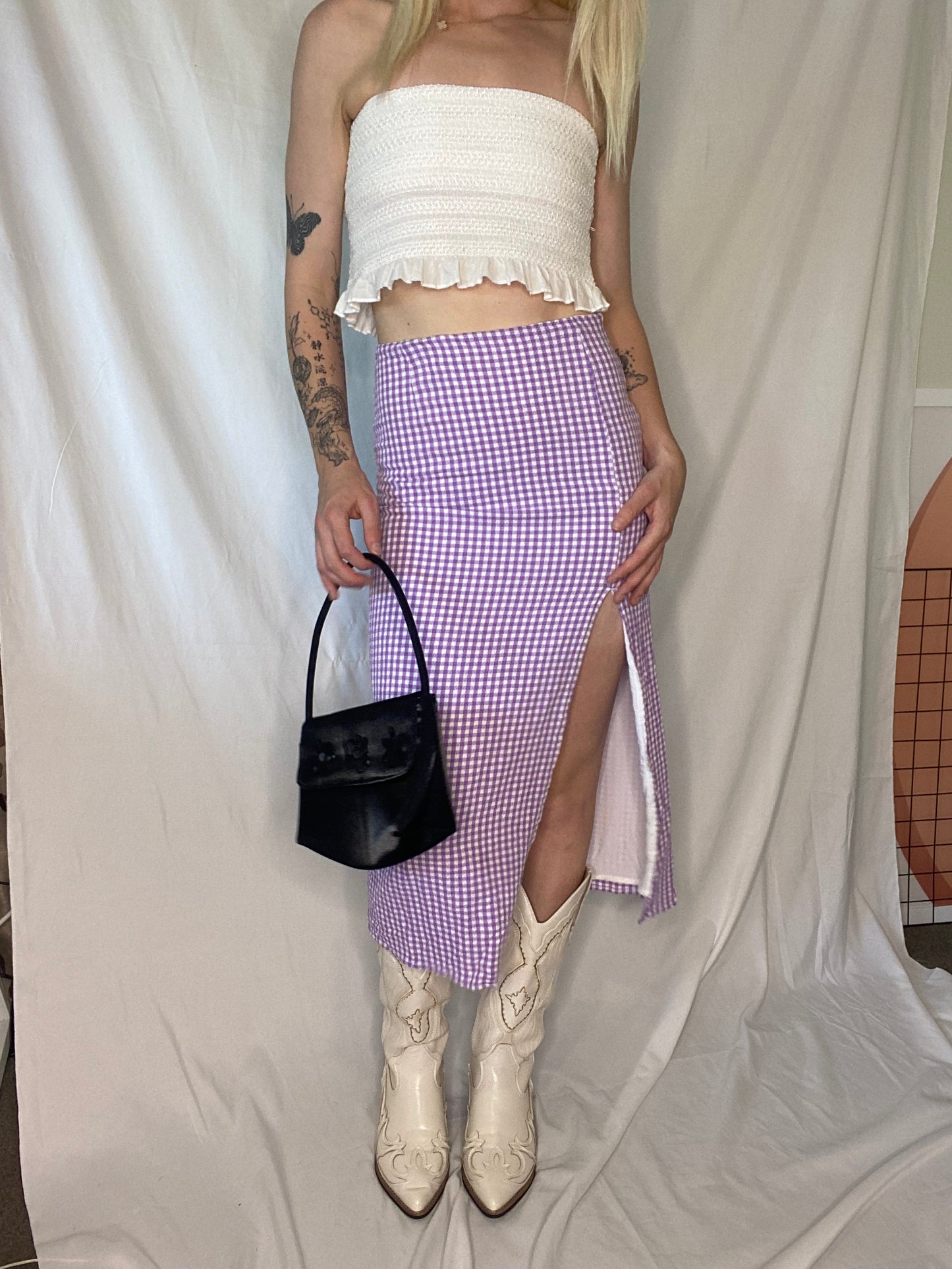 Purple Gingham 3/4 bodycon skirt