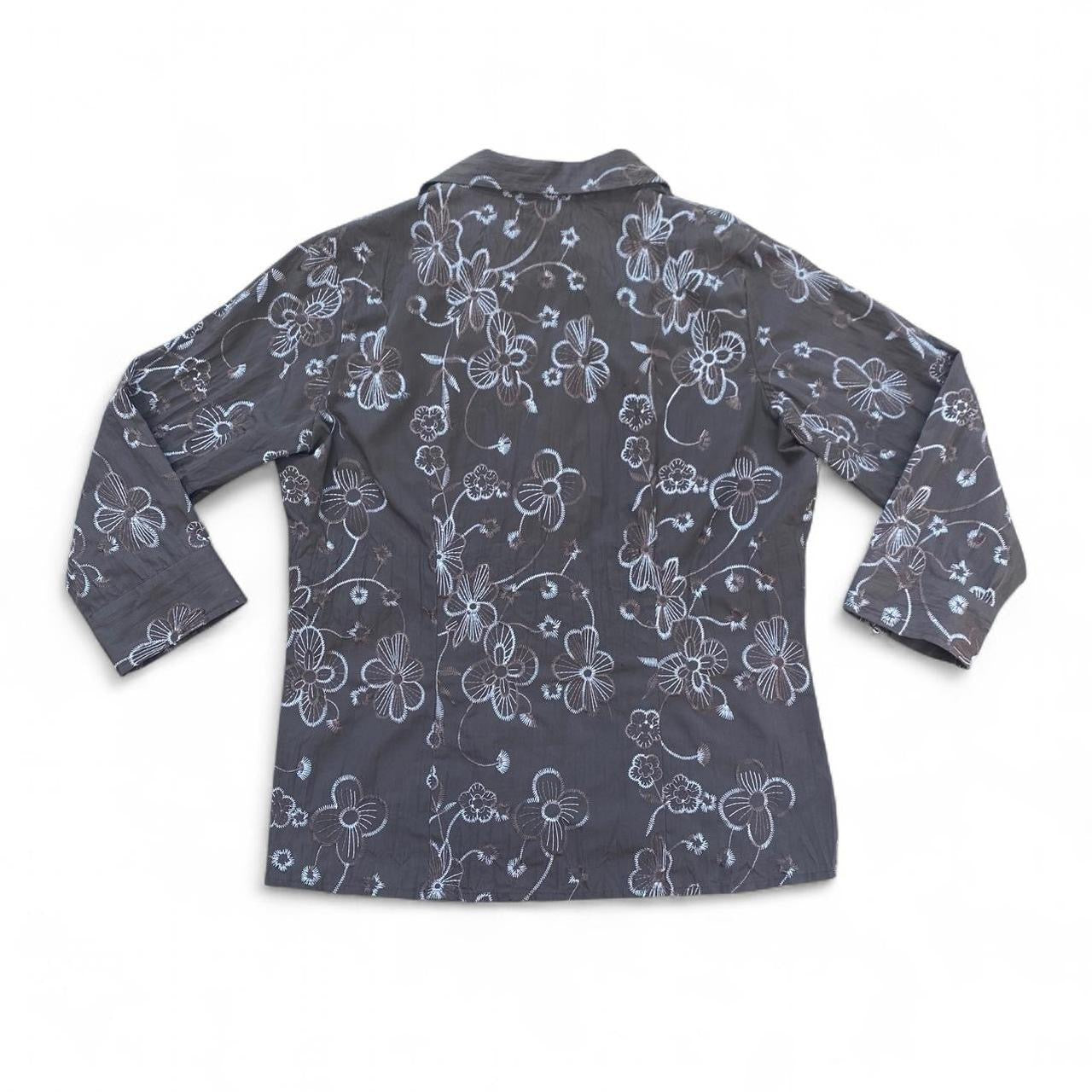 Brown/white embroidered floral button-up shirt