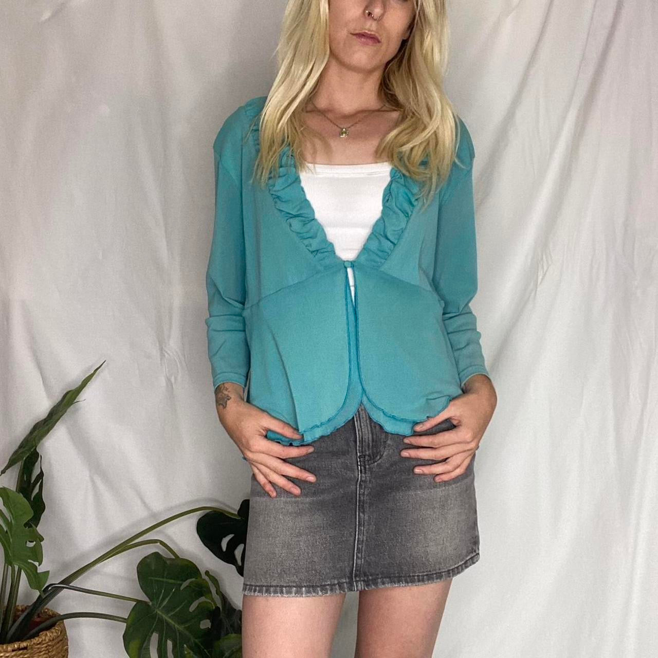 Y2K turquoise ruffle split blouse