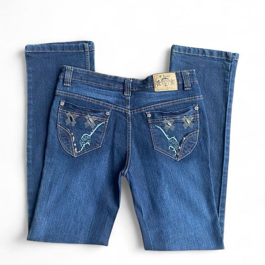 Y2K Mid-rise bootcut jeans with cool zipper details and embroidery