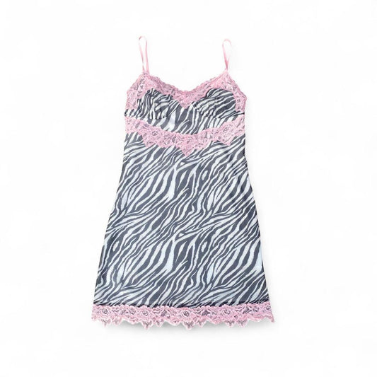Tiger Mist Zebra Print Slip Dress w pink lace