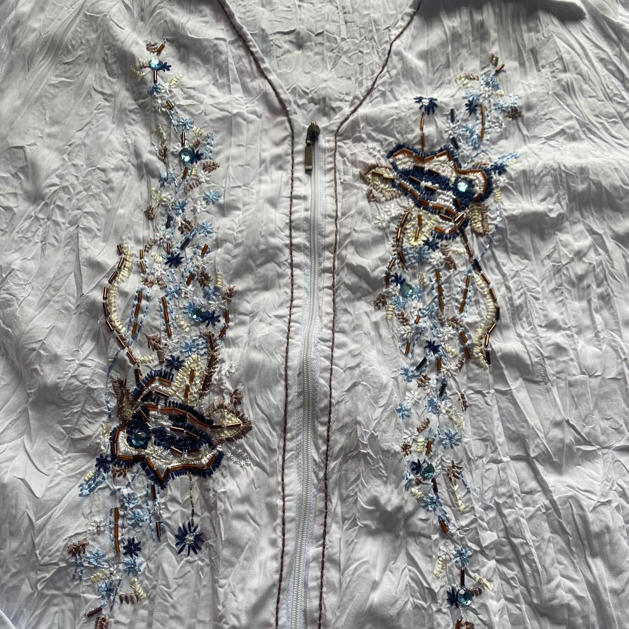 Y2K white ruched zip up blouse with amazing beading