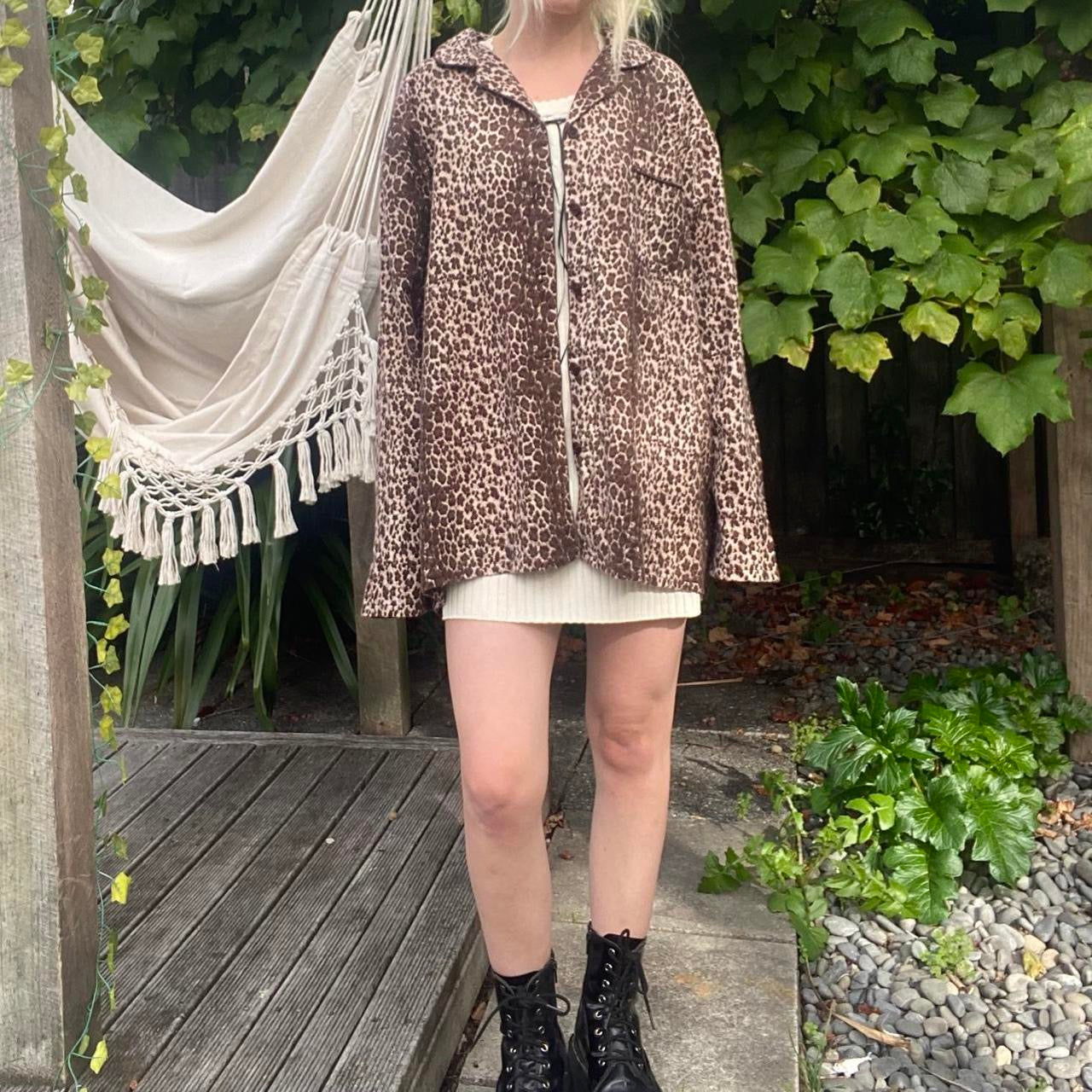 Brown and tan leopard print shirt jacket