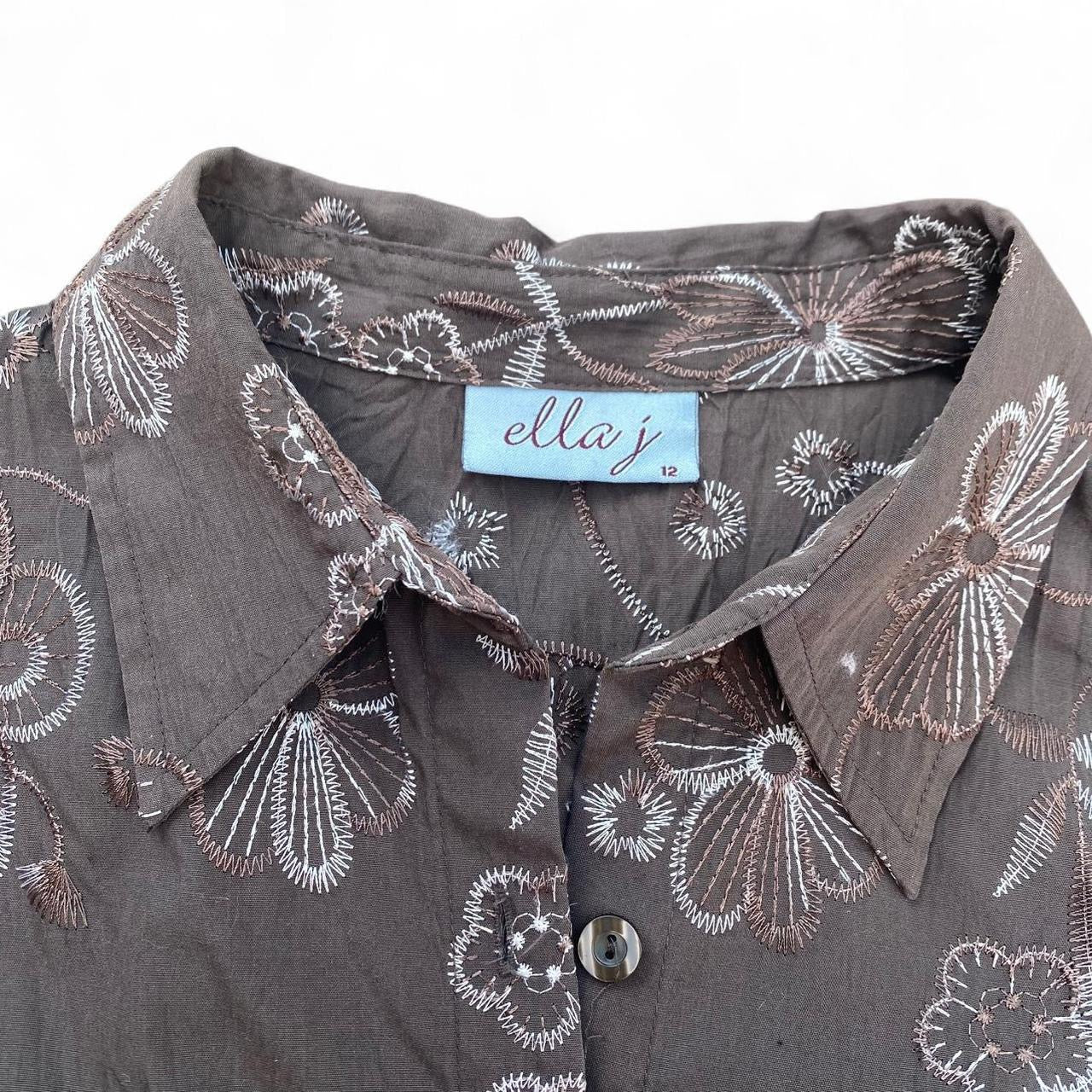 Brown/white embroidered floral button-up shirt