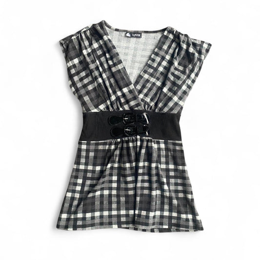 Grey and black plaid Y2K Ignite babydoll top with black belt