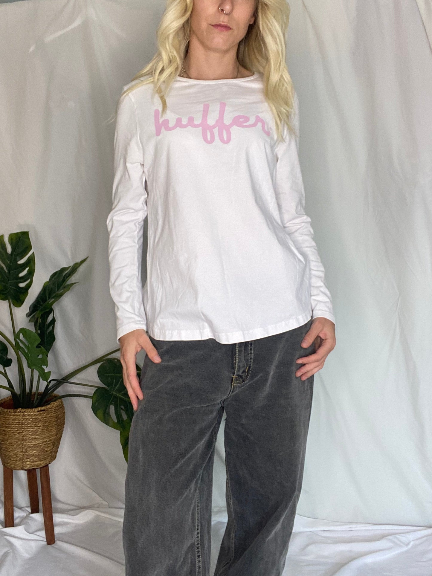 Huffer white long sleeve top with pink logo