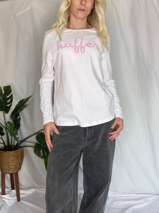 Huffer white long sleeve top with pink logo