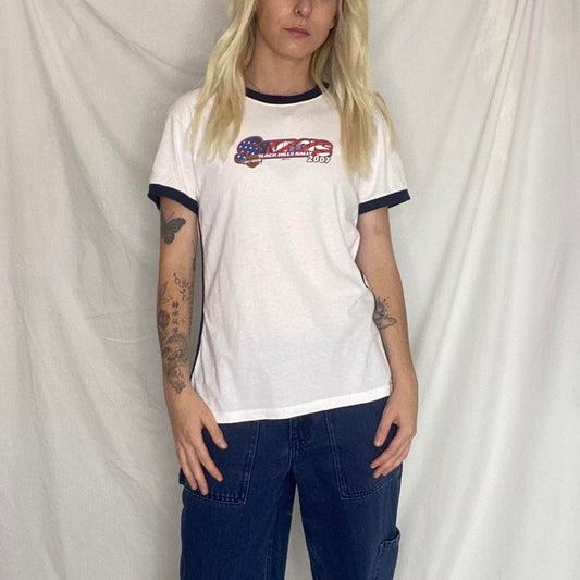 White and blue vintage 2007 Harley Davidson ringer tee