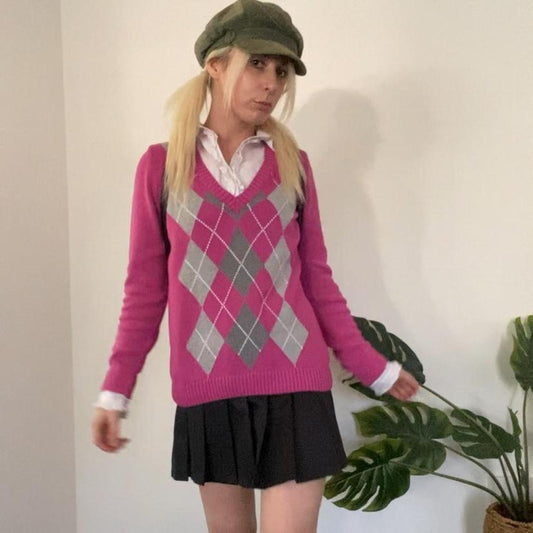 The cutest Pink layered argyle sweater/blouse!
