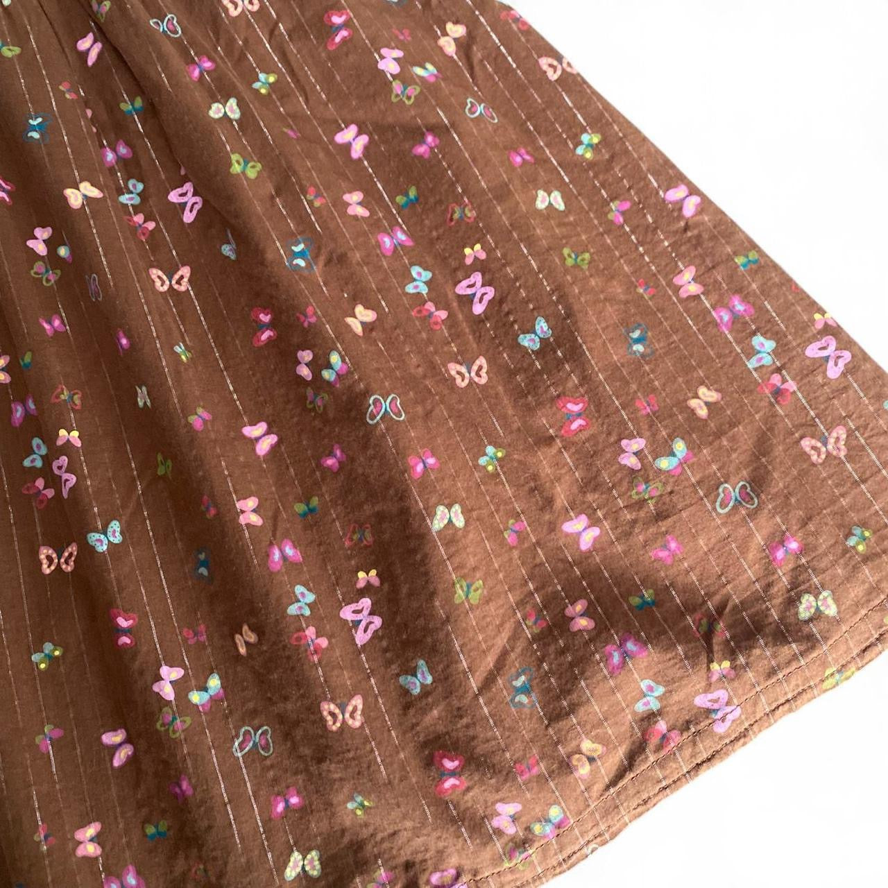 Y2K style brown halter dress with cute butterfly print