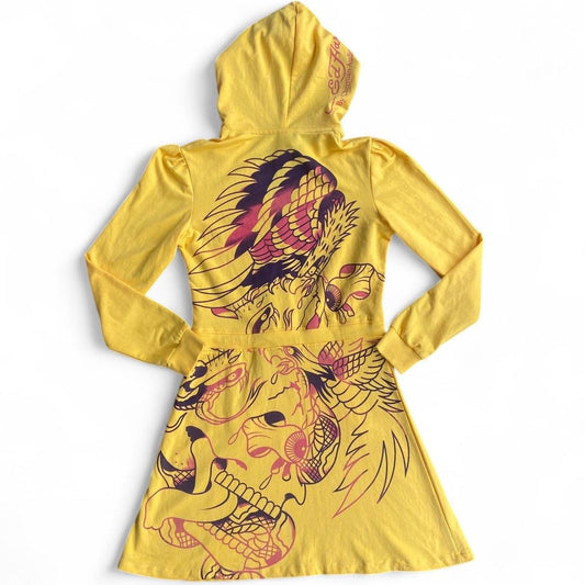 Y2K Ed Hardy iconic yellow tattoo hooded mini dress