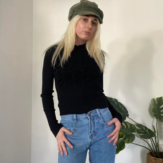 Y2K Black ruched turtleneck zip up top