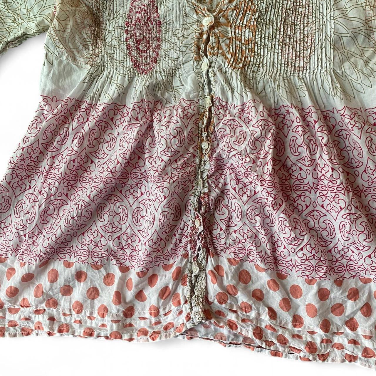 Boho pink and cream paisley print blouse with button up front