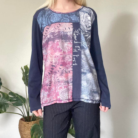 Vintage Navy blue & multi-coloured patchwork long sleeve top