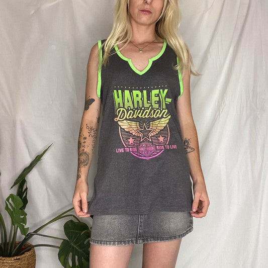 Y2K Harley Davidson grey/green/pink tank top
