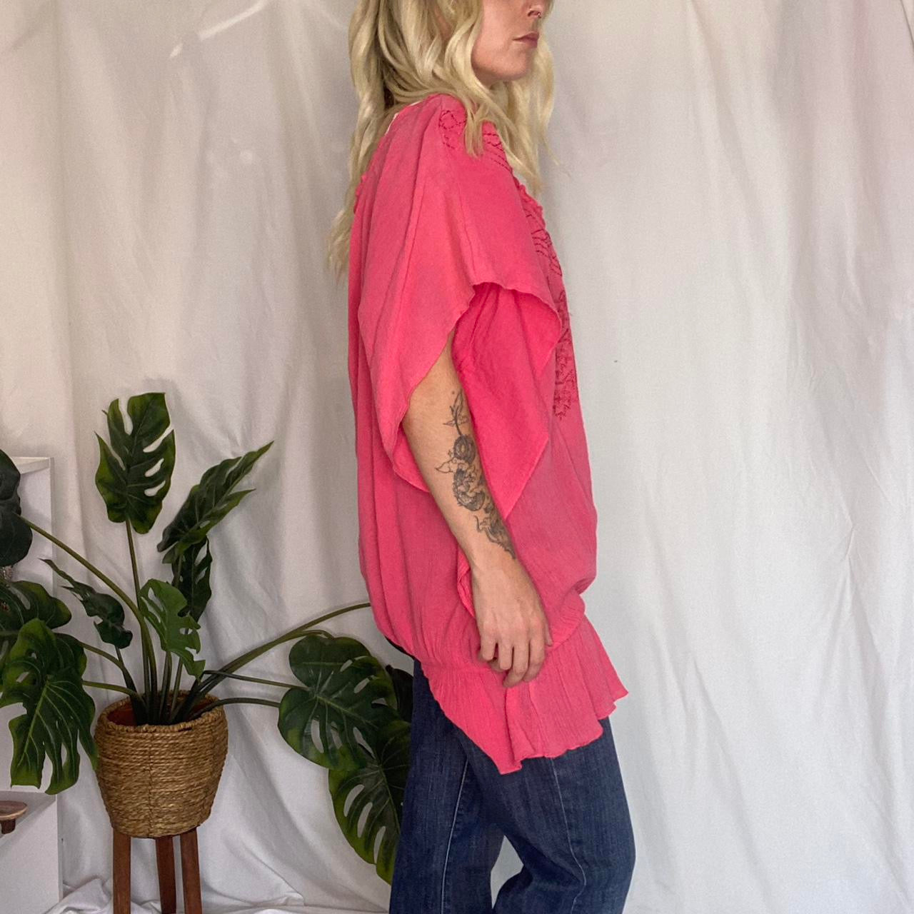 Y2K pink boho embroidery flowy top