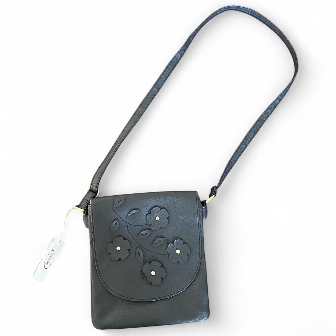 Black leather crossbody bag with cute floral design