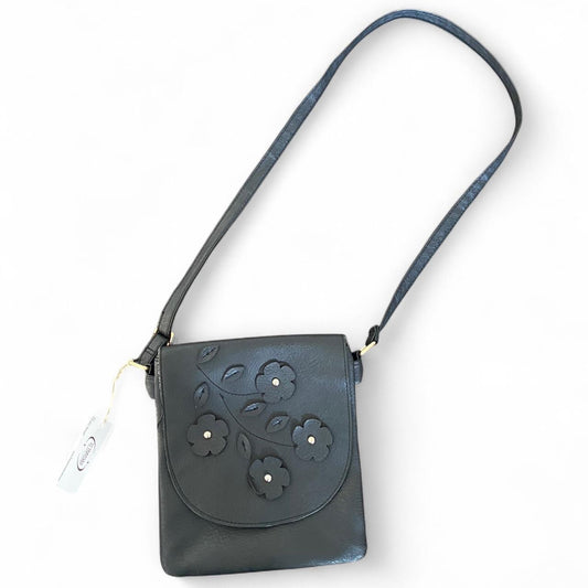 Black leather crossbody bag with cute floral design
