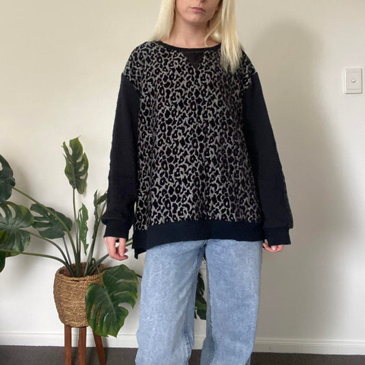 Black and grey leopard print oversized crew neck jumper