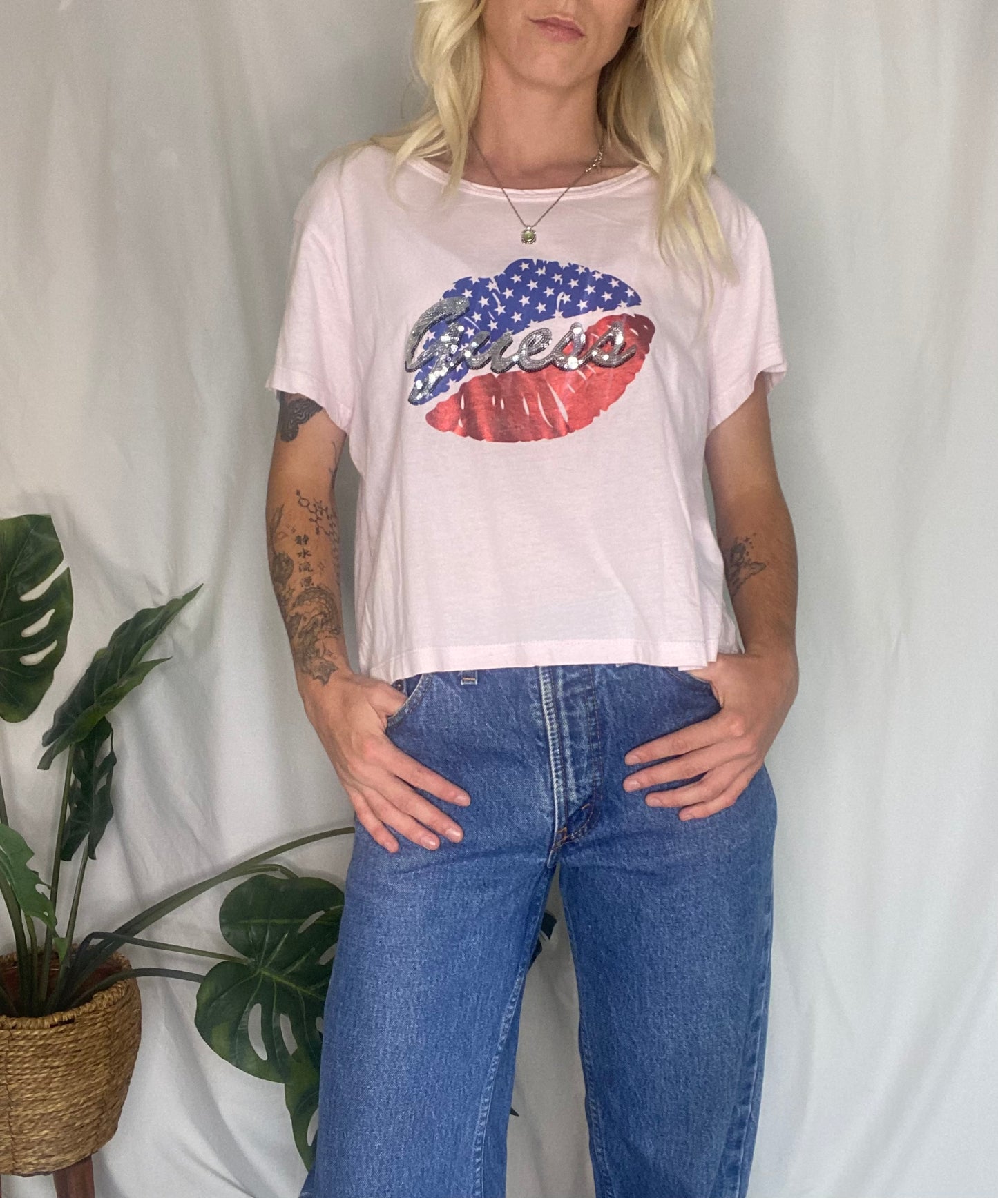 Y2K Guess white cotton top with red and blue lips and American flag design