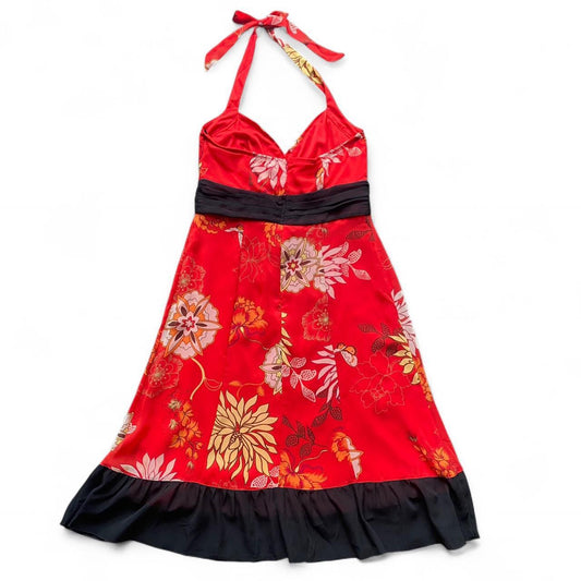 Gorgeous Y2K Red floral Babydoll halter dress with black ruffle trim