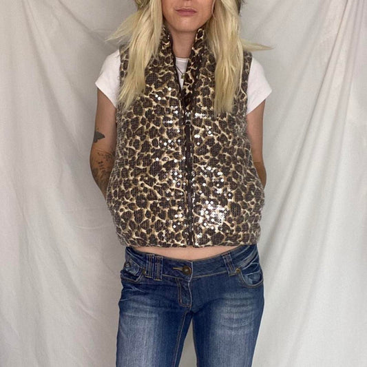 Black and Brown Cheetah Print Sequin Puffer Vest!
