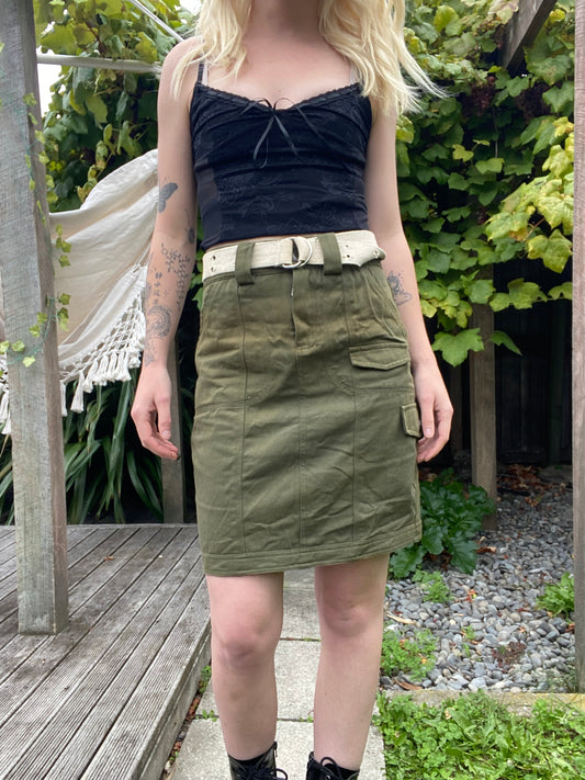 Khaki green knee length cargo skirt with belt