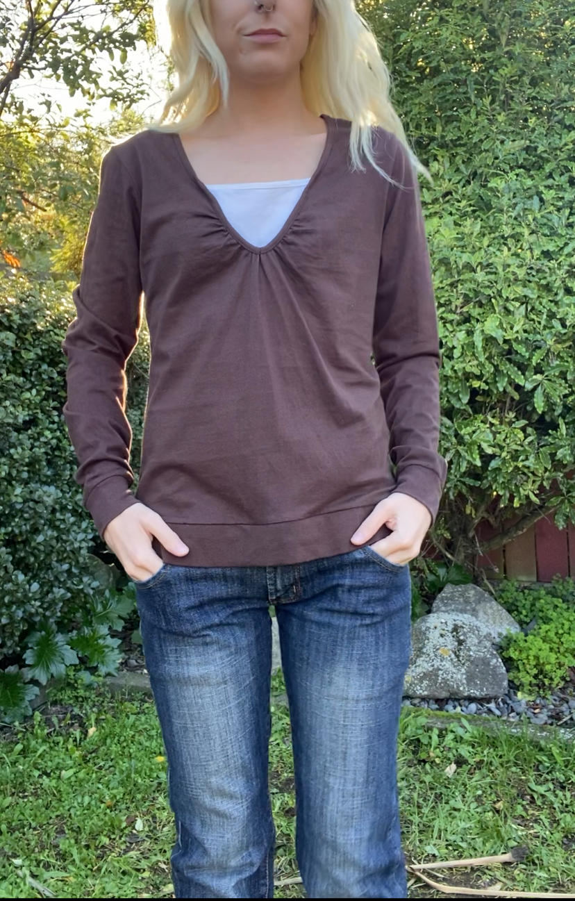 Y2K Brown Layered Ruched Longsleeve Top