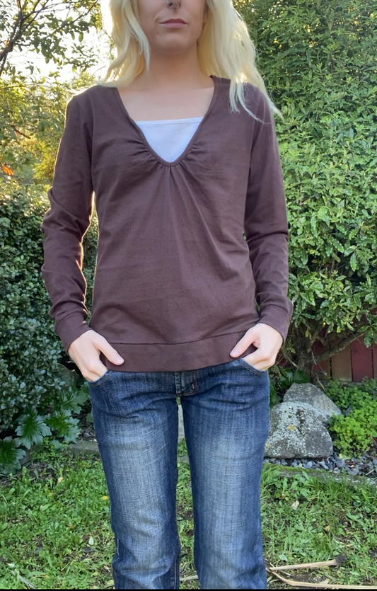 Y2K Brown Layered Ruched Longsleeve Top