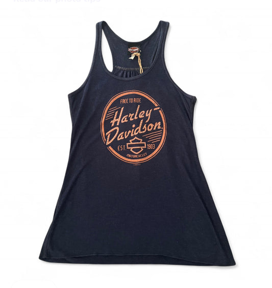 Y2K Harley Davidson navy and orange tank top