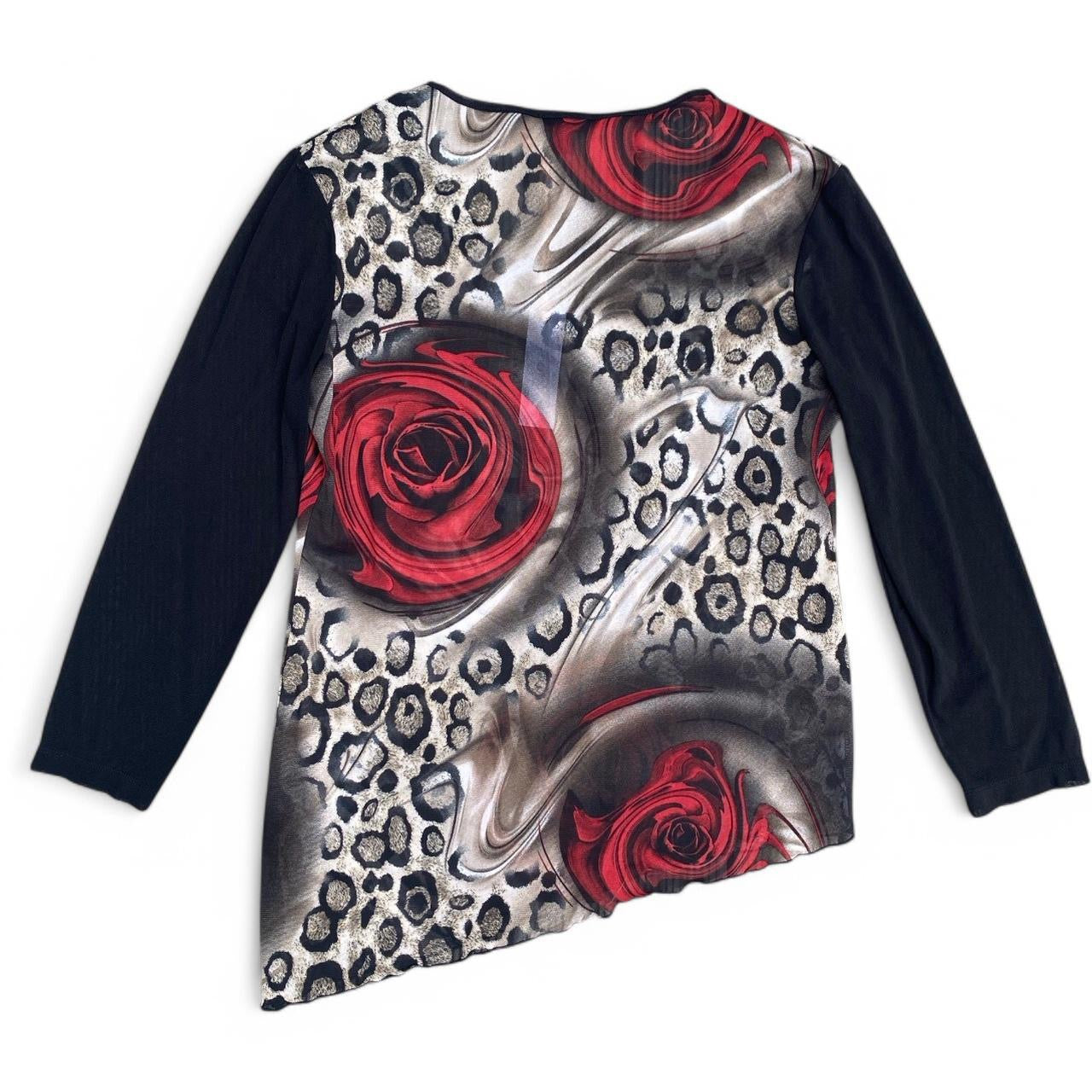 Cool 00s Rose and Leopard Print Asymmetrical Top