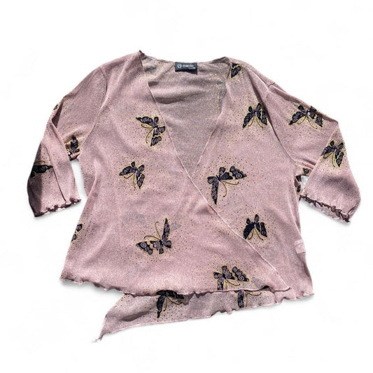 Y2K Pink butterfly print sparkly cardigan with tie front