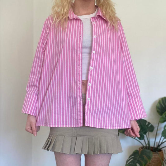 Y2K Pink and white striped button-up blouse