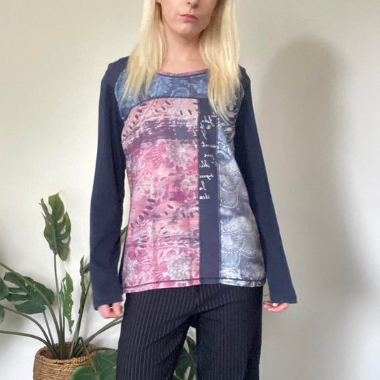 Vintage Navy blue & multi-coloured patchwork long sleeve top