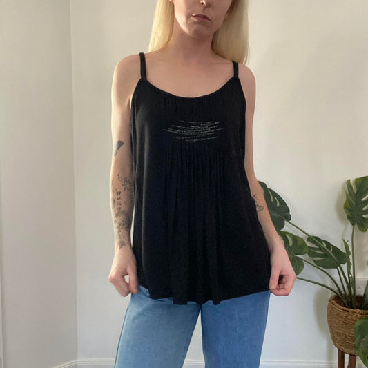 Y2K ruched flowy black tank top with silver threading