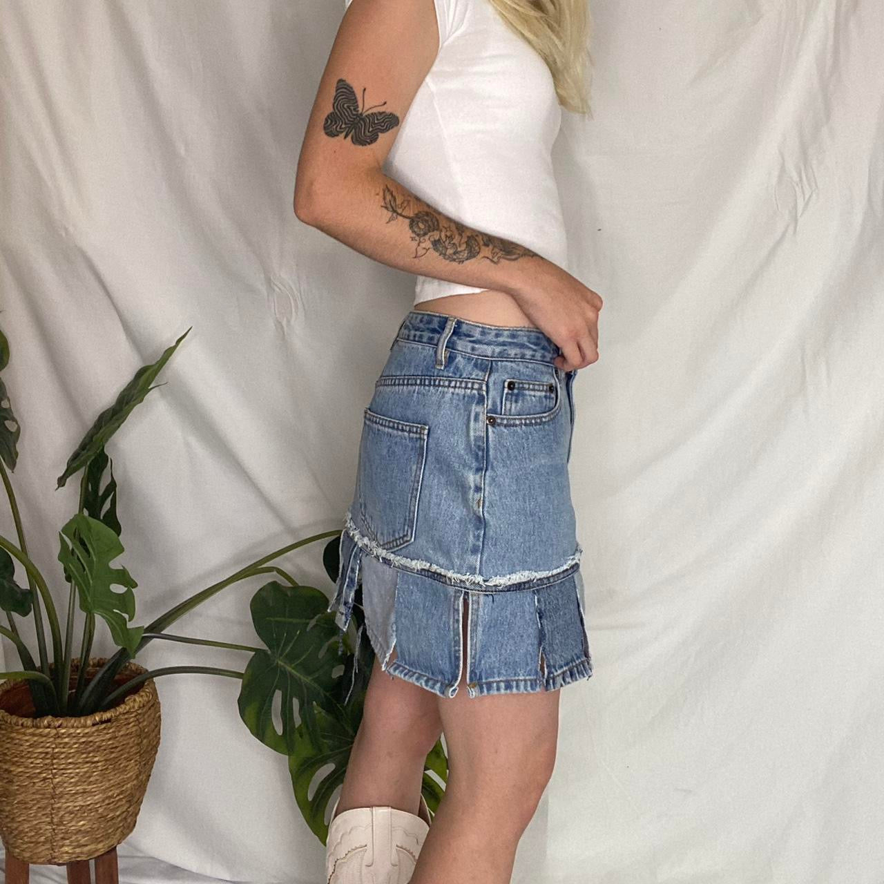 Reworked denim mini pleated style skirt