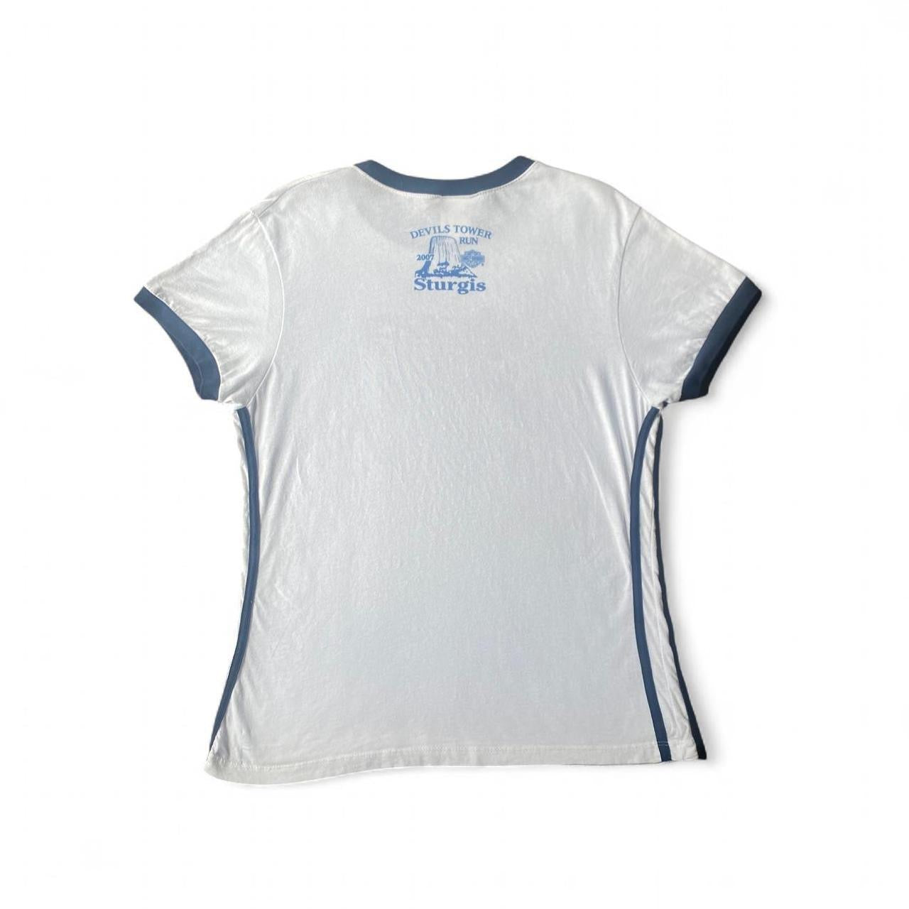 White and blue vintage 2007 Harley Davidson ringer tee