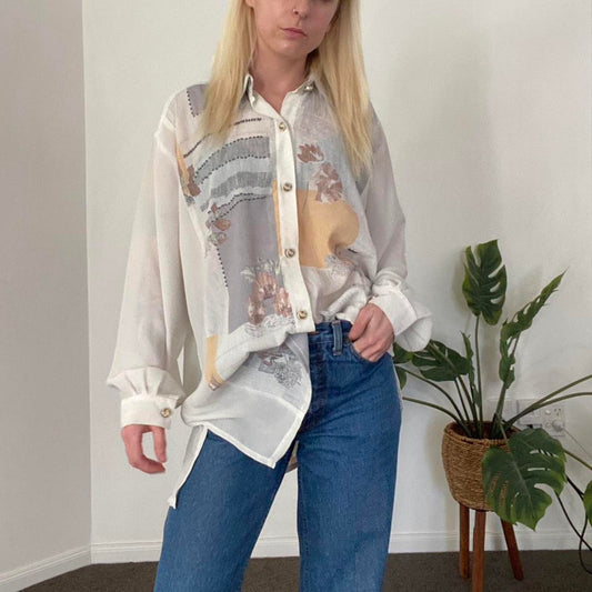 Vintage 90s patchwork sheer button up blouse